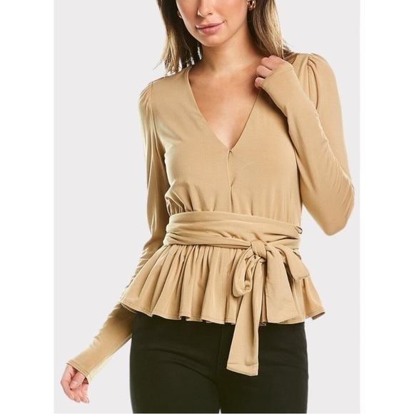 𝅺Rebecca Taylor V-Neck Modal Tie Waist Top Golden Rod Tan - Picture 1 of 5